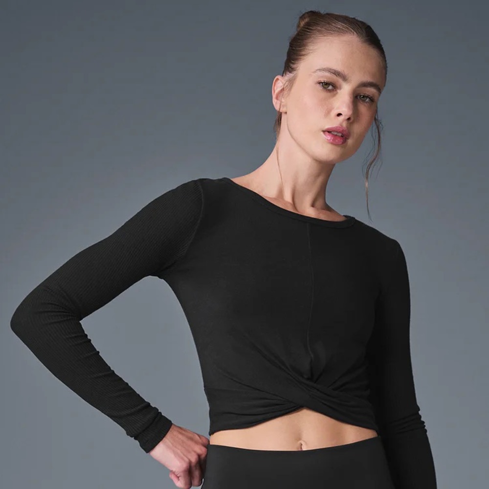 Black Alo long sleeve twist crop top.